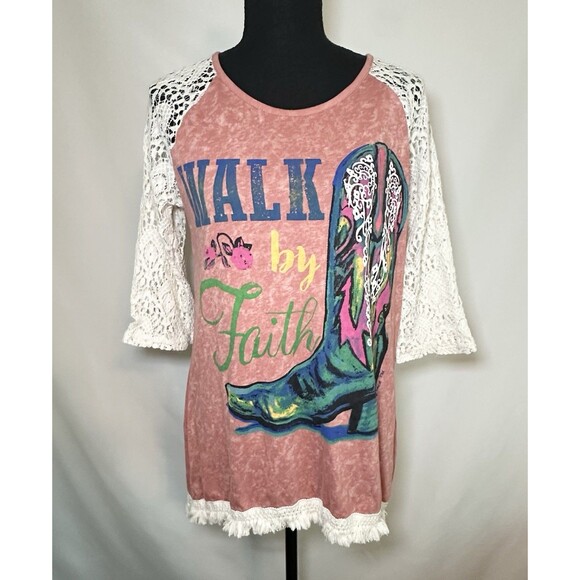 Southern Grace Walk By Faith Cowboy Boot Coral Pink Crochet Shirt Women's SMALL - Picture 2 of 13